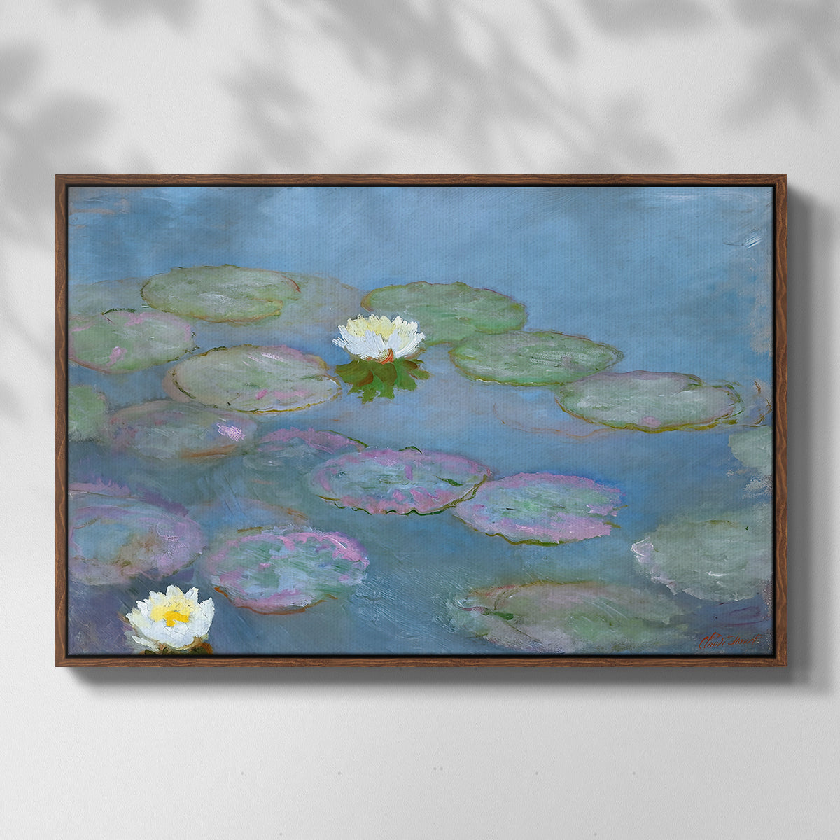 Front view of Water Lilies (Nymphéas), 1897-1899 by Claude Monet in a walnut floater framed canvas.