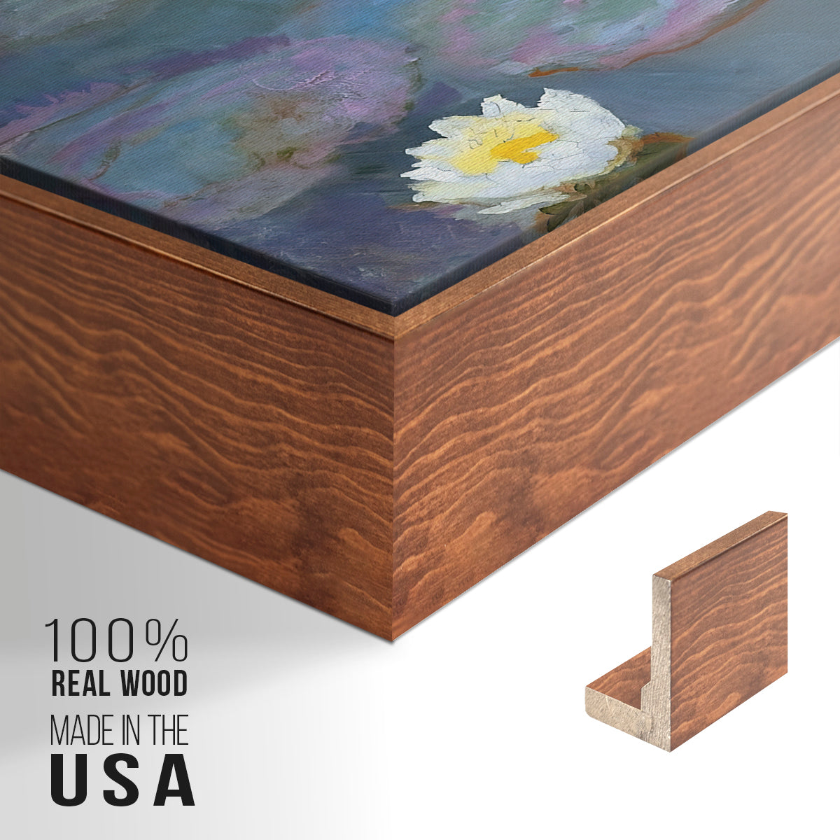 Close-up of the walnut floater frame corner and gallery wrapped canvas construction.