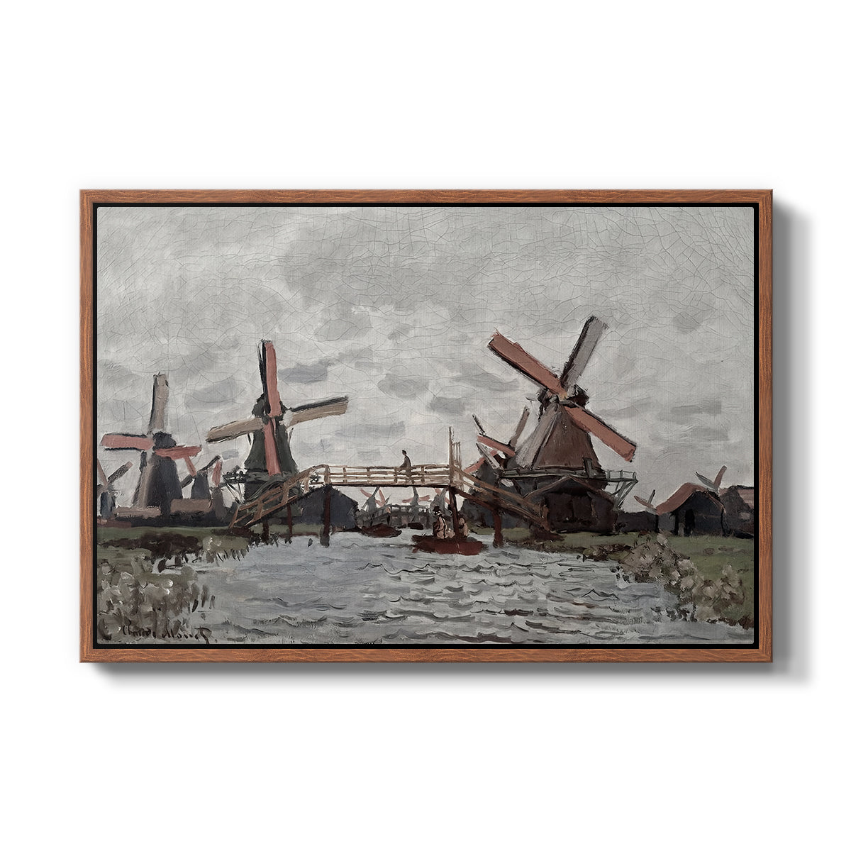 Windmills near Zaandam, 1871 by Claude Monet in a walnut floater framed canvas wall art display.