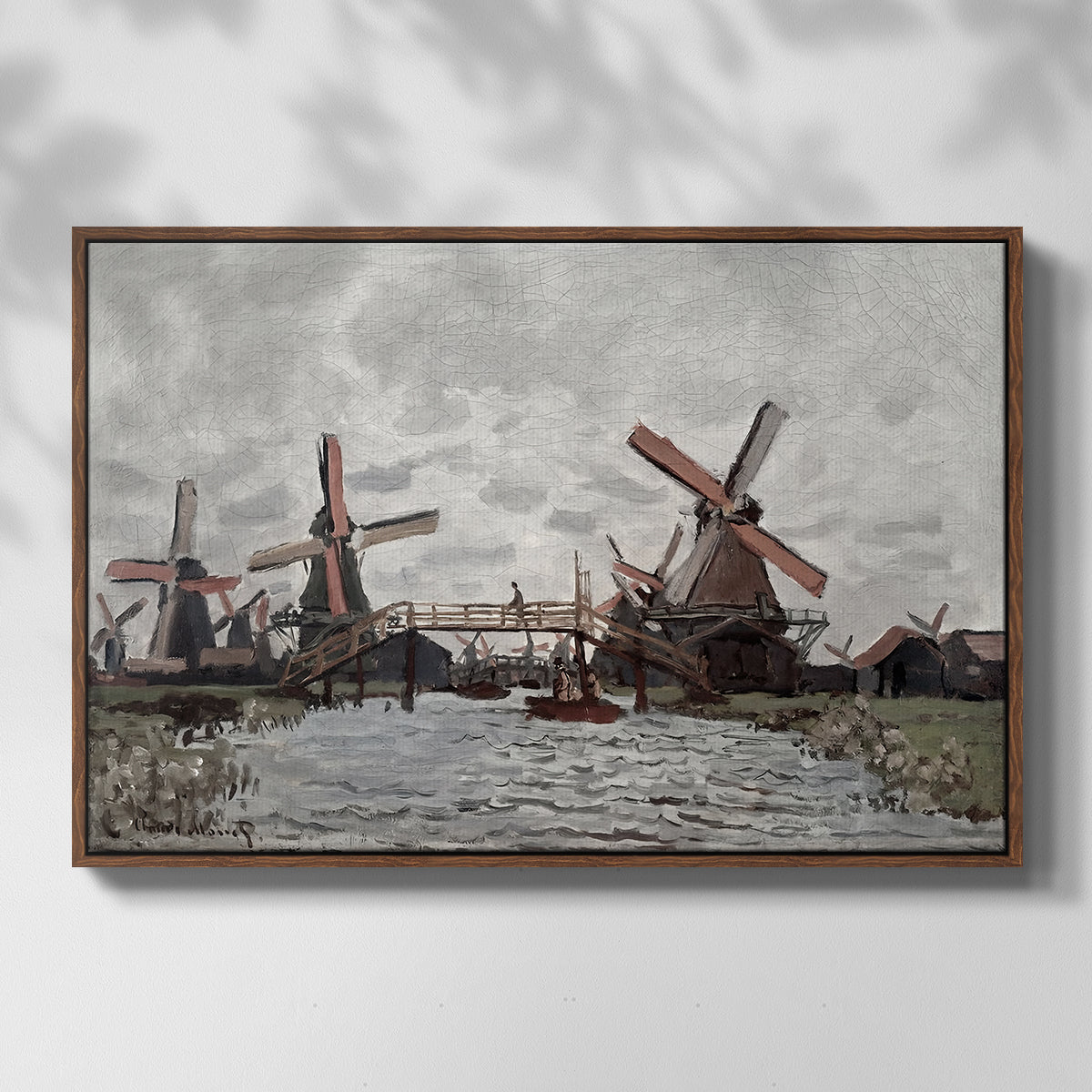 Front view of Windmills near Zaandam, 1871 by Claude Monet in a walnut floater framed canvas.