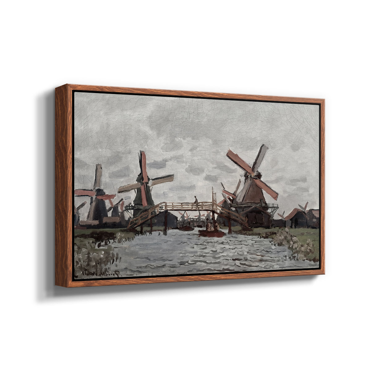 Angled view of Windmills near Zaandam, 1871 by Claude Monet in a walnut floater framed canvas.