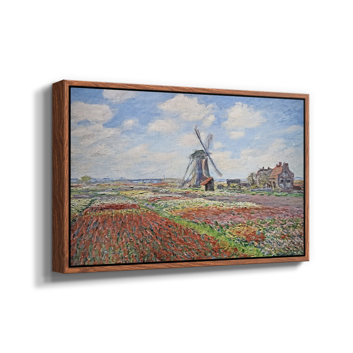 Angled view of Tulip Fields with the Rijnsburg Windmill, 1886 by Claude Monet in a walnut floater framed canvas.