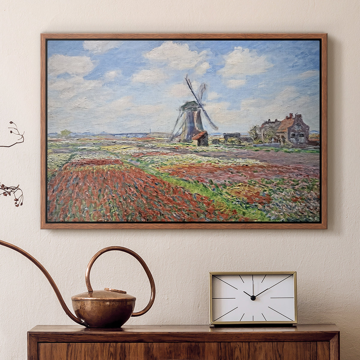 Walnut floater framed canvas featuring an impressionist field of blooming tulips under bright sky, displayed above a cabinet in a soft-toned living room.