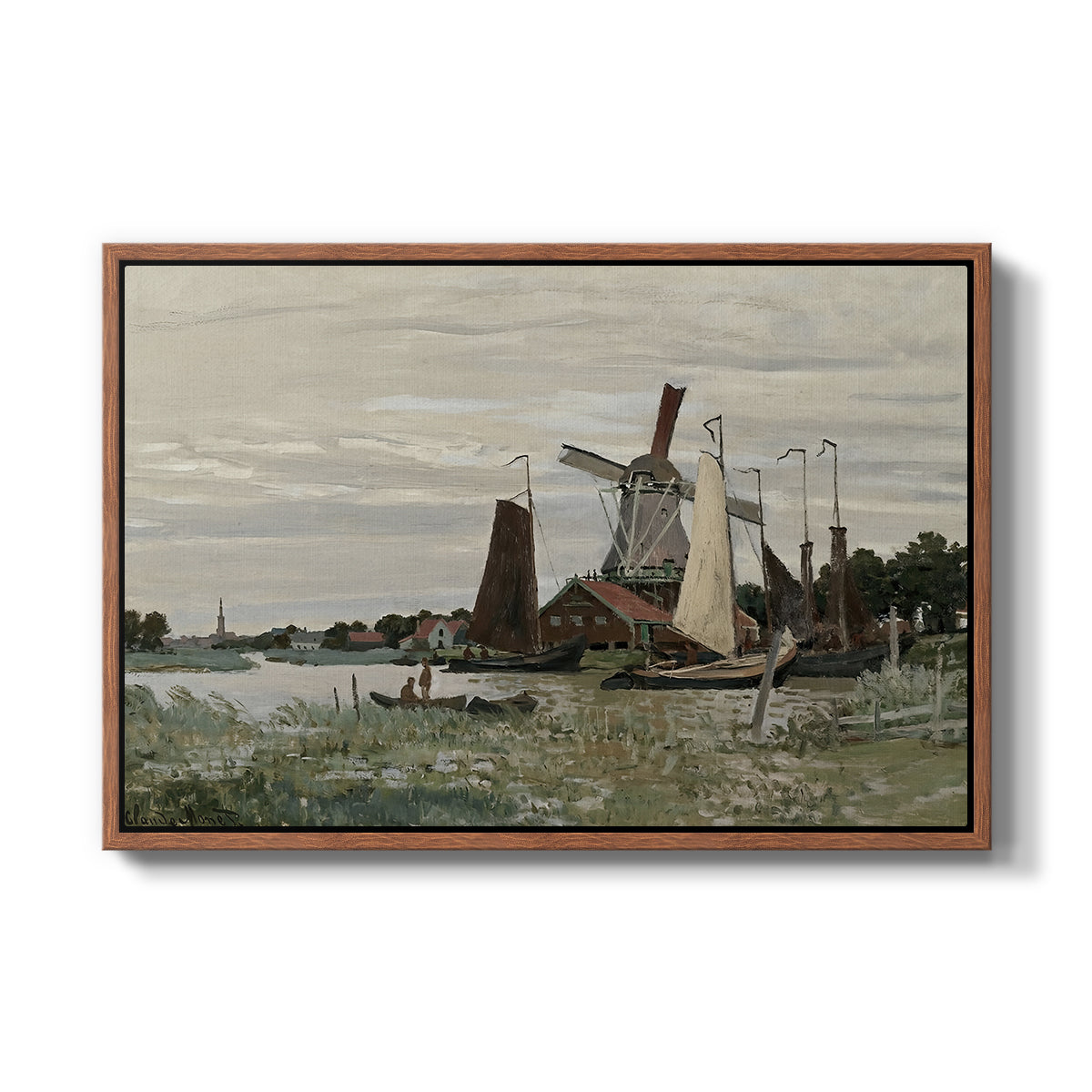 Windmill at Zaandam, 1871 by Claude Monet in a walnut floater framed canvas wall art display.