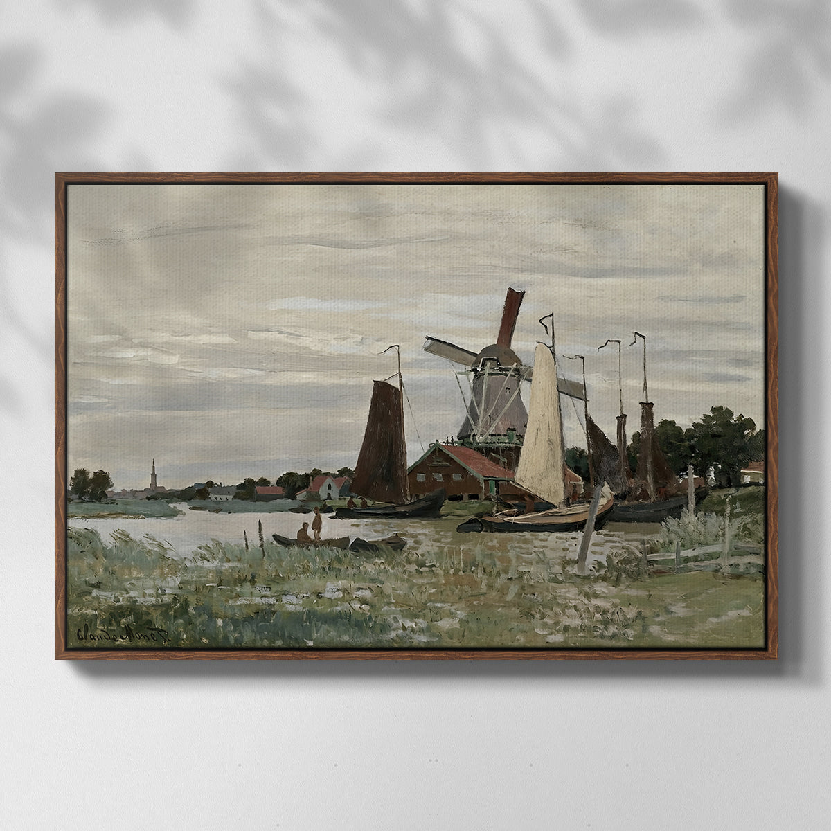 Front view of Windmill at Zaandam, 1871 by Claude Monet in a walnut floater framed canvas.