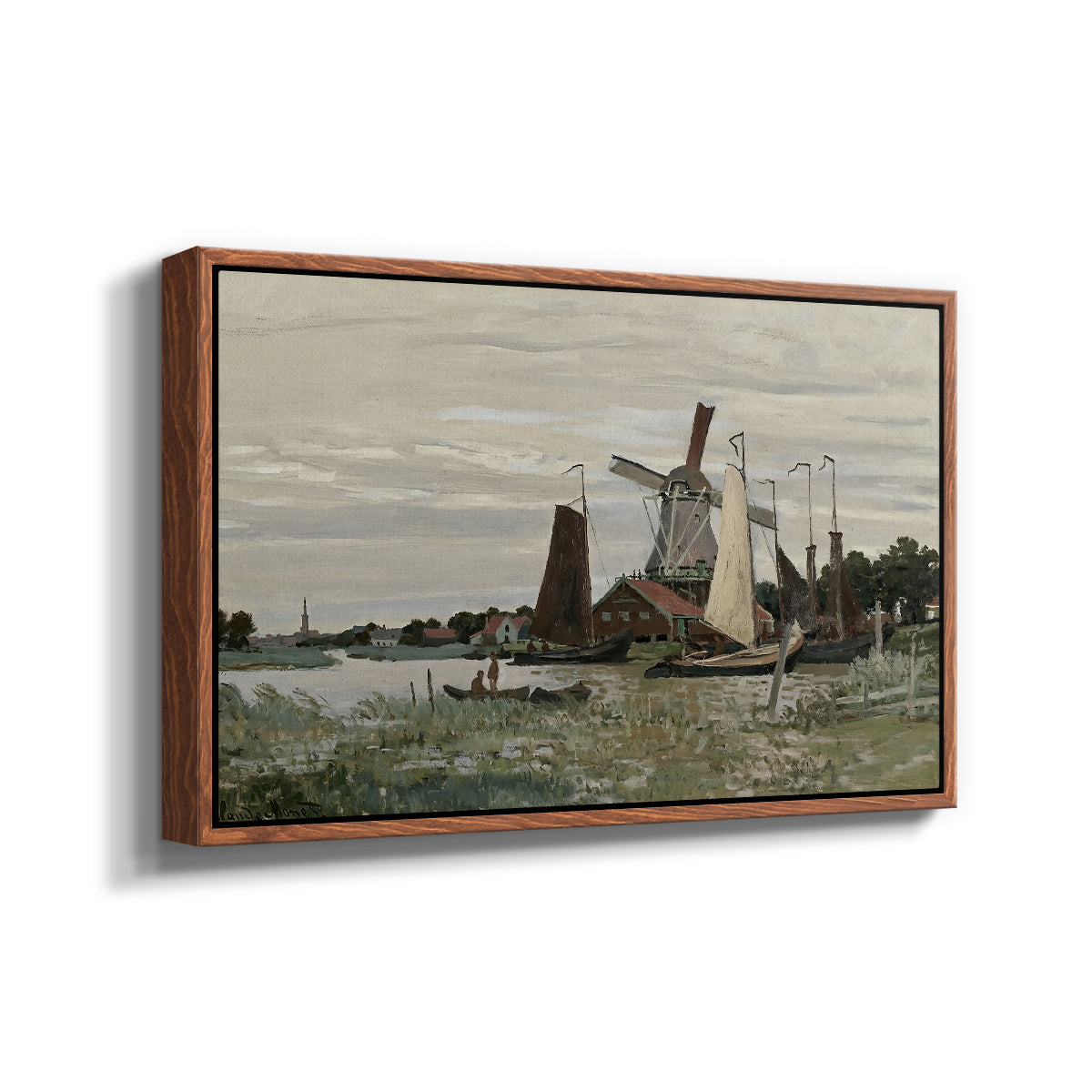 Angled view of Windmill at Zaandam, 1871 by Claude Monet in a walnut floater framed canvas.