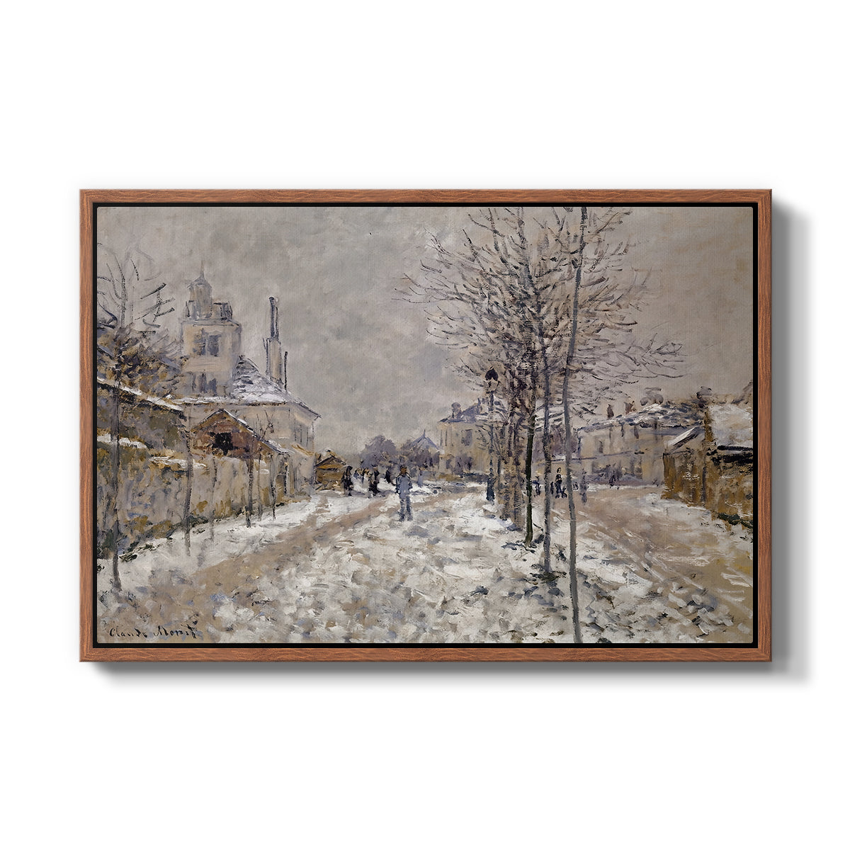 The Boulevard de Pontoise at Argenteuil, Snow Effect, 1875 by Claude Monet in a walnut floater framed canvas wall art display.