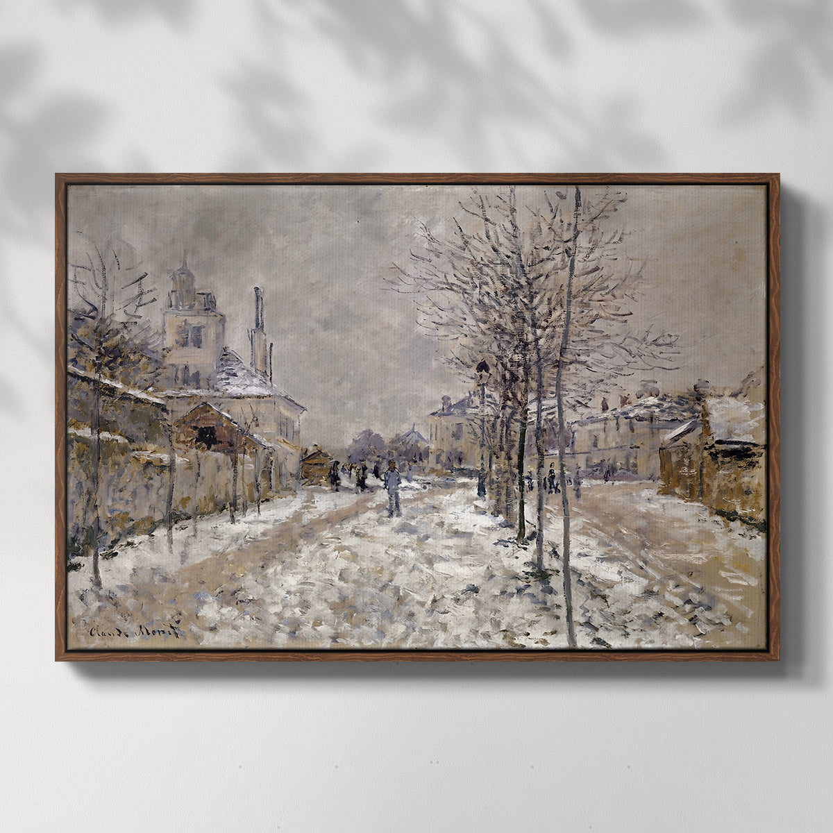 Front view of The Boulevard de Pontoise at Argenteuil, Snow Effect, 1875 by Claude Monet in a walnut floater framed canvas.