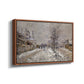 Angled view of The Boulevard de Pontoise at Argenteuil, Snow Effect, 1875 by Claude Monet in a walnut floater framed canvas.