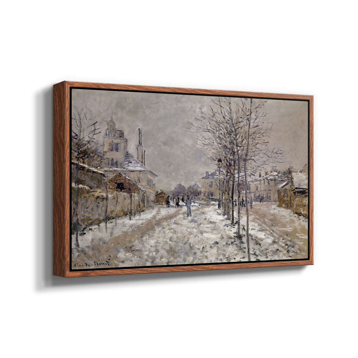 Angled view of The Boulevard de Pontoise at Argenteuil, Snow Effect, 1875 by Claude Monet in a walnut floater framed canvas.