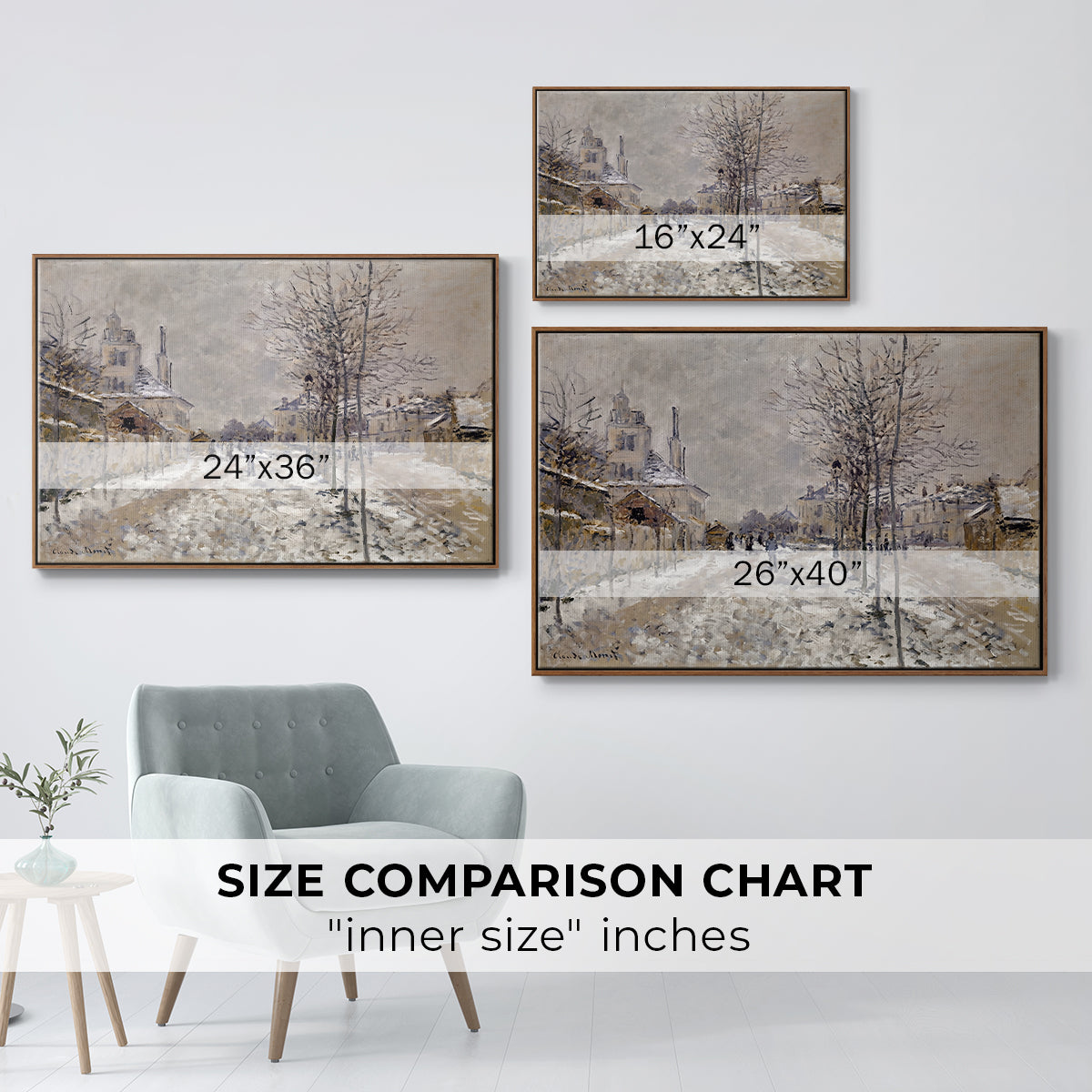 Size comparison chart for walnut floater framed canvas featuring The Boulevard de Pontoise at Argenteuil, Snow Effect, 1875 by Claude Monet.