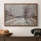 The Boulevard de Pontoise at Argenteuil, Snow Effect, 1875 by Claude Monet in a walnut floater framed canvas displayed above a console table in a hallway, featuring an urban winter landscape with muted tones and soft light.