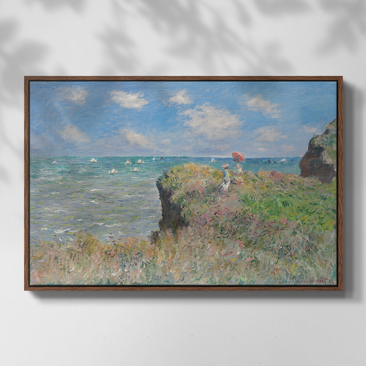 Front view of The Cliff Walk at Pourville, 1882 by Claude Monet in a walnut floater framed canvas.
