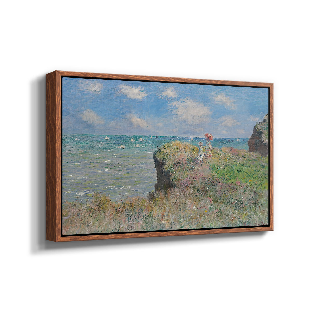 Angled view of The Cliff Walk at Pourville, 1882 by Claude Monet in a walnut floater framed canvas.