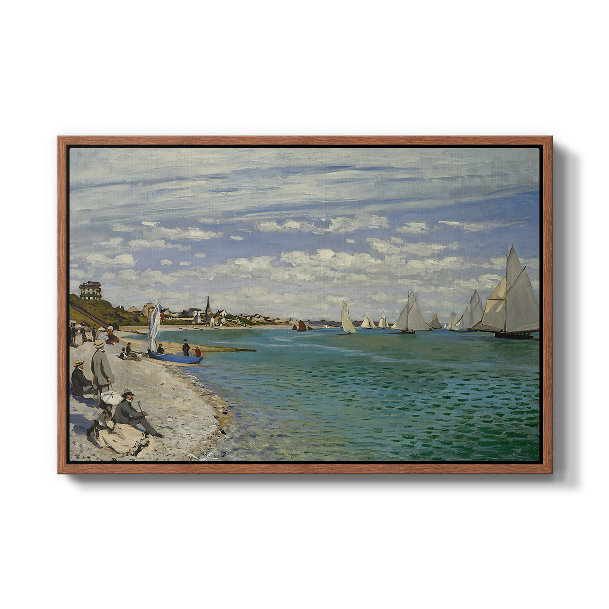 Regatta at Sainte-Adresse, 1867 by Claude Monet in a walnut floater framed canvas wall art display.
