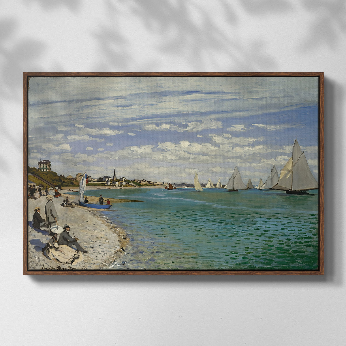 Front view of Regatta at Sainte-Adresse, 1867 by Claude Monet in a walnut floater framed canvas.