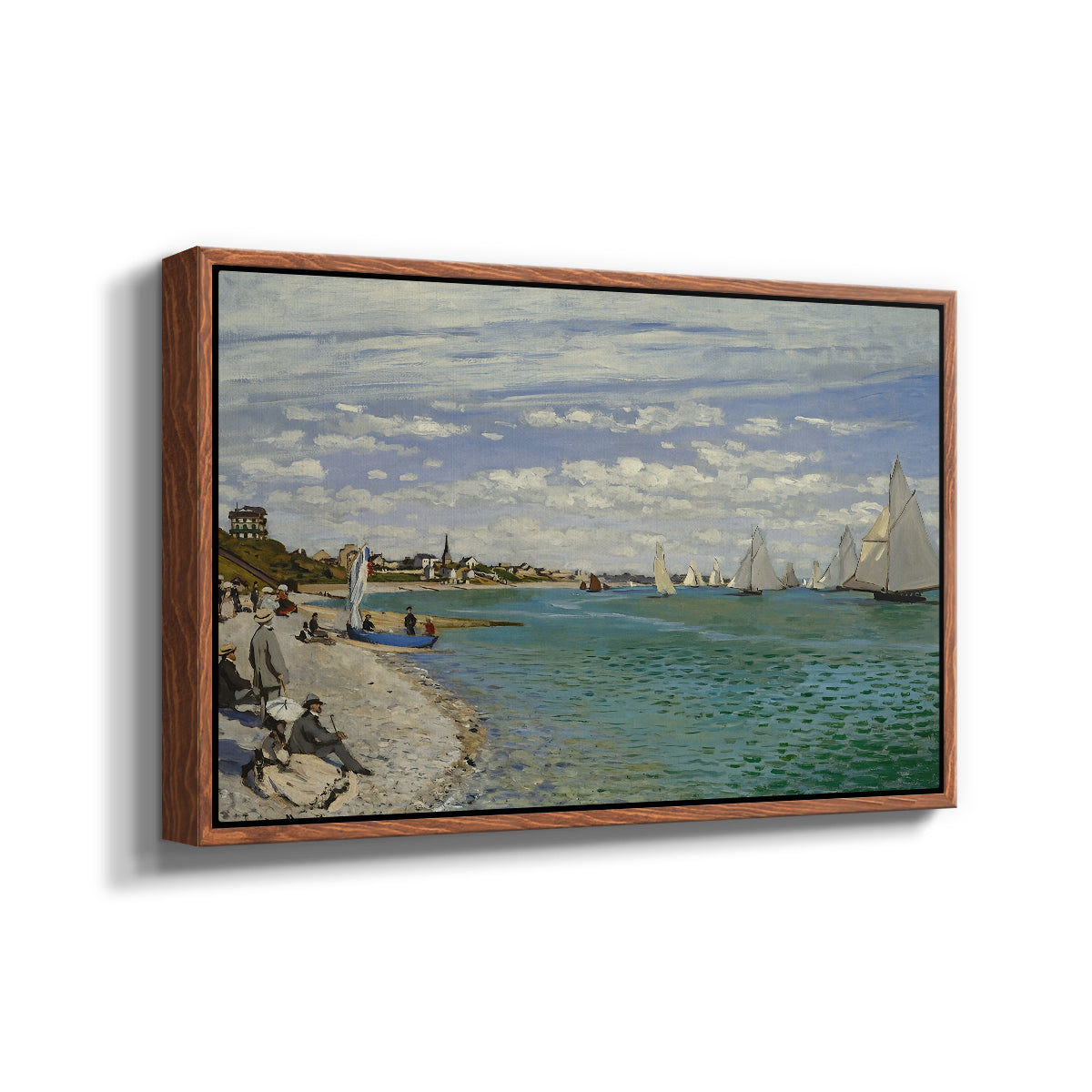 Angled view of Regatta at Sainte-Adresse, 1867 by Claude Monet in a walnut floater framed canvas.