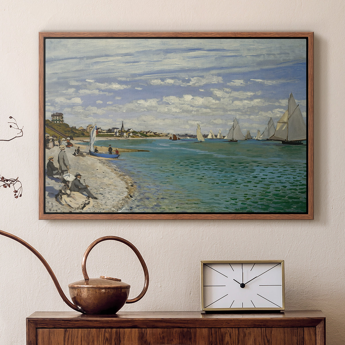 Walnut floater framed canvas featuring an impressionist coastal view with colorful sails and shoreline activity, displayed above a cabinet in a soft-toned living room.
