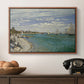Regatta at Sainte-Adresse, 1867 by Claude Monet in a walnut floater framed canvas displayed above a console table in a hallway, featuring a nautical scene with boats racing near seaside town.