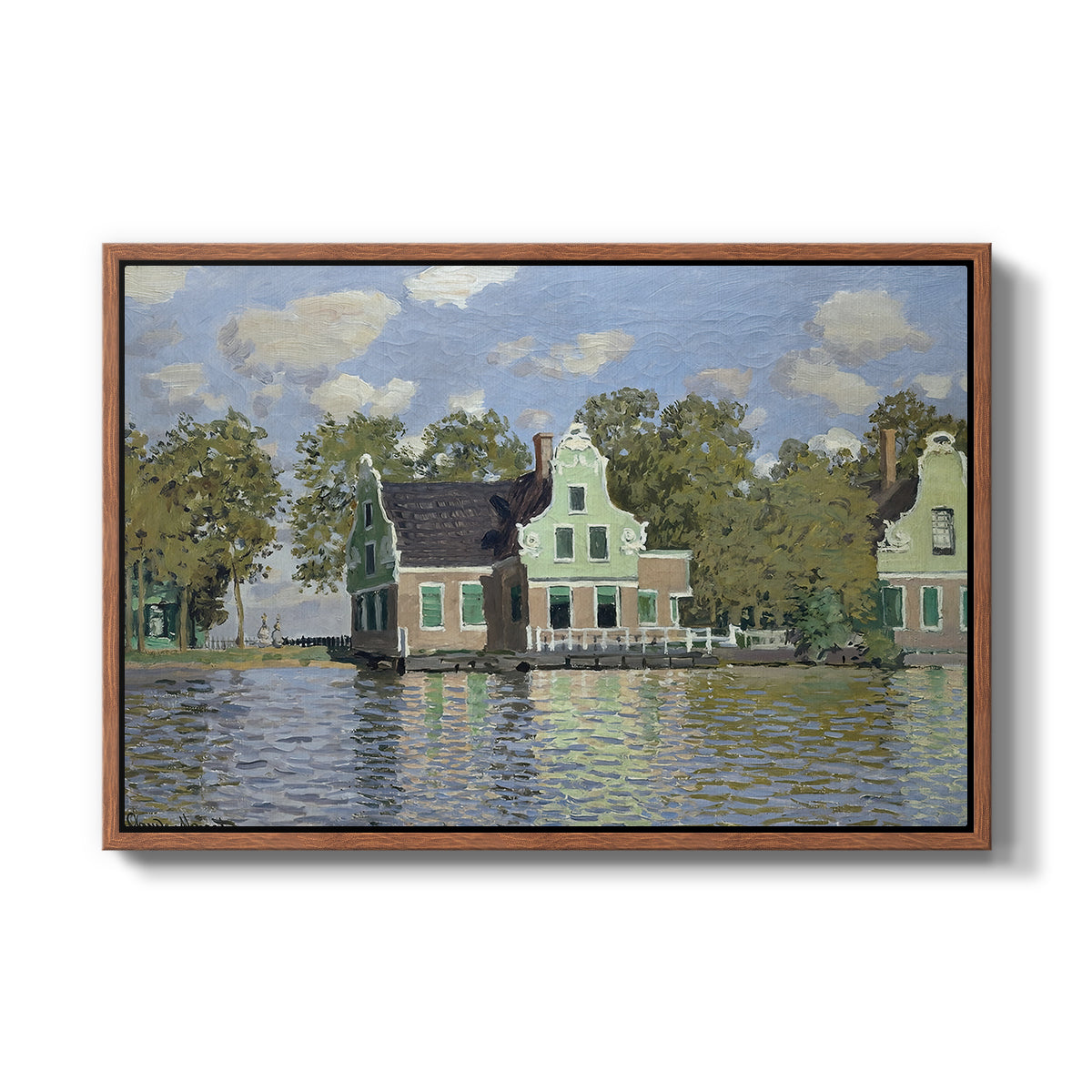 Houses on the Zaan River at Zaandam, 1871 by Claude Monet in a walnut floater framed canvas wall art display.