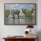 Walnut floater framed canvas featuring Houses on the Zaan River at Zaandam, 1871 by Claude Monet above an entryway table in a minimalist foyer.