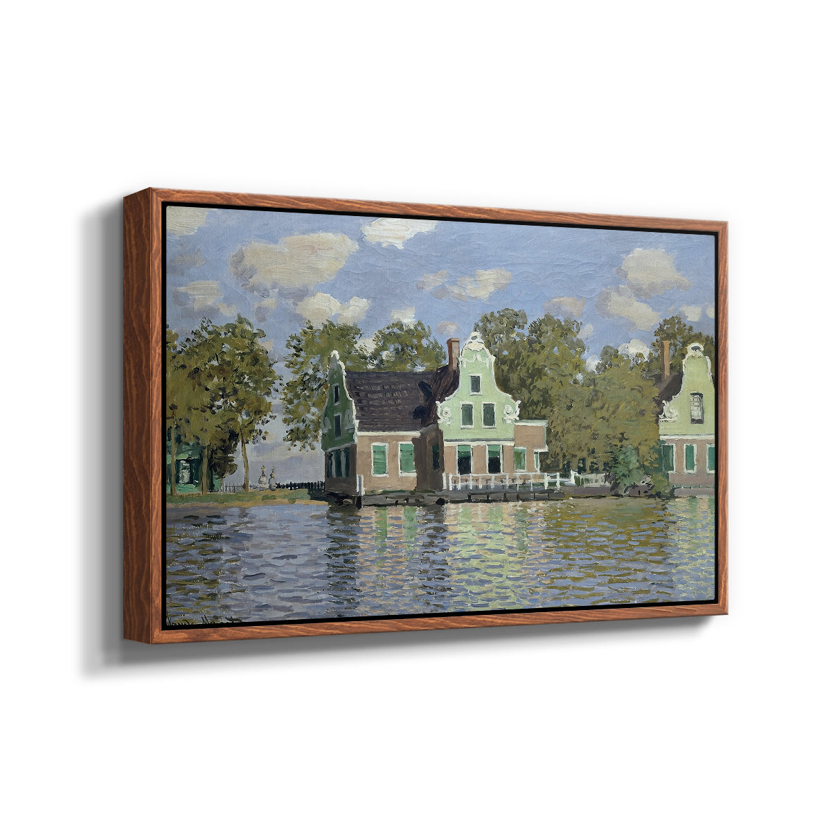 Angled view of Houses on the Zaan River at Zaandam, 1871 by Claude Monet in a walnut floater framed canvas.