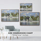 Size comparison chart for walnut floater framed canvas featuring Houses on the Zaan River at Zaandam, 1871 by Claude Monet.