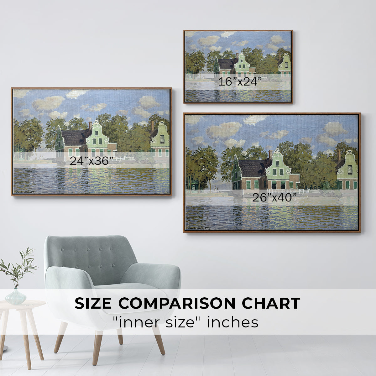 Size comparison chart for walnut floater framed canvas featuring Houses on the Zaan River at Zaandam, 1871 by Claude Monet.
