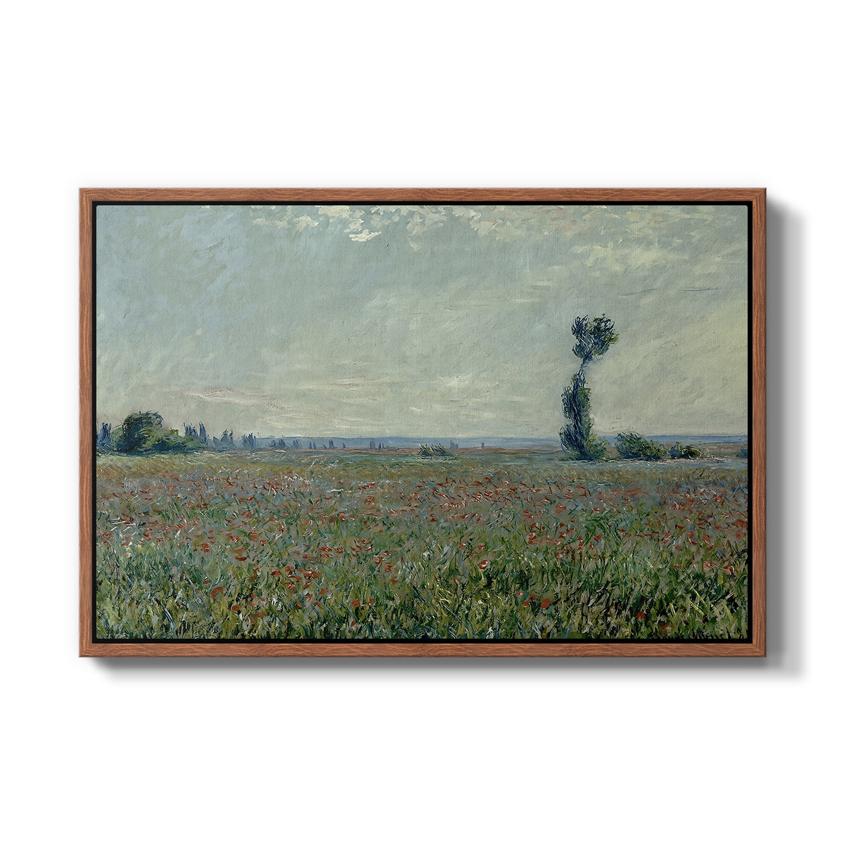 Poppy Field, 1881 by Claude Monet in a walnut floater framed canvas wall art display.