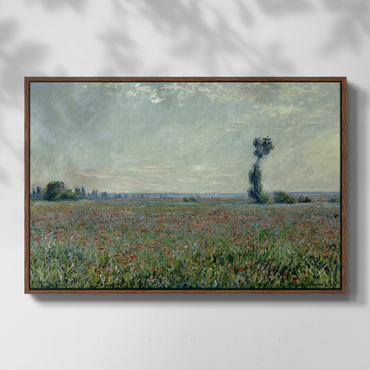 Front view of Poppy Field, 1881 by Claude Monet in a walnut floater framed canvas.