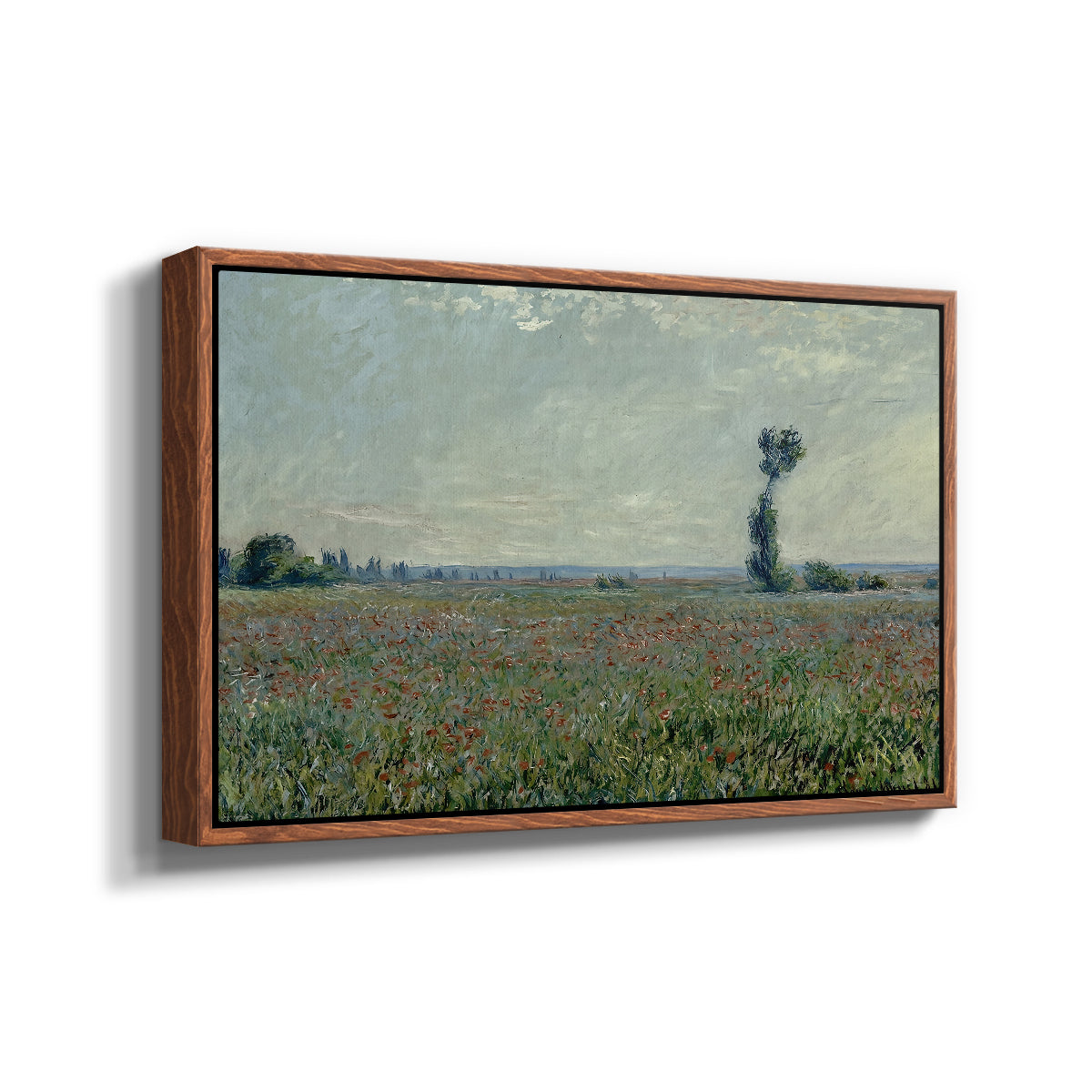 Angled view of Poppy Field, 1881 by Claude Monet in a walnut floater framed canvas.
