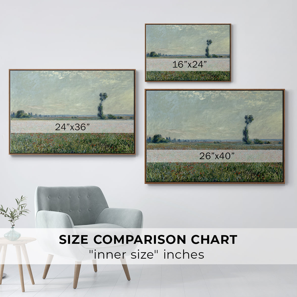 Size comparison chart for walnut floater framed canvas featuring Poppy Field, 1881 by Claude Monet.