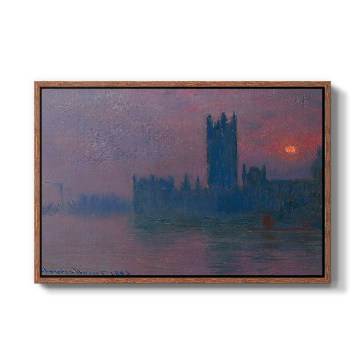 The Houses of Parliament, Sunset, 1903 by Claude Monet in a walnut floater framed canvas wall art display.