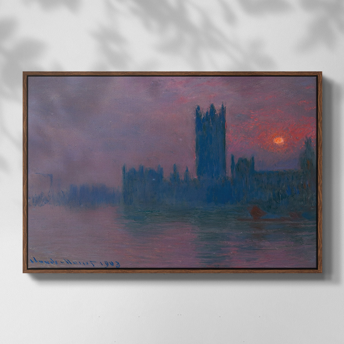 Front view of The Houses of Parliament, Sunset, 1903 by Claude Monet in a walnut floater framed canvas.