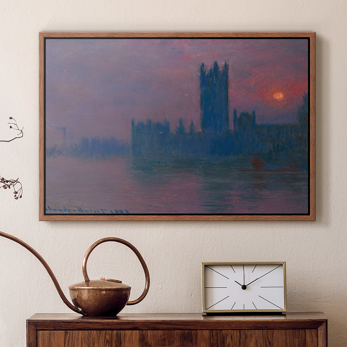 Walnut floater framed canvas featuring an atmospheric London scene with buildings fading into haze, displayed above a cabinet in a soft-toned living room.