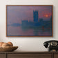 The Houses of Parliament, Sunset, 1903 by Claude Monet in a walnut floater framed canvas displayed above a console table in a hallway, featuring a dramatic skyline with reflections under colorful sky.