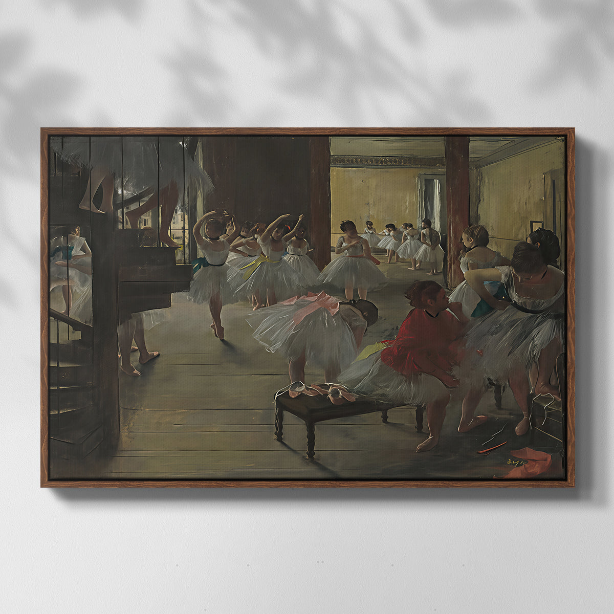 Front view of The Dance Class, c. 1873 by Edgar Degas in a walnut floater framed canvas.