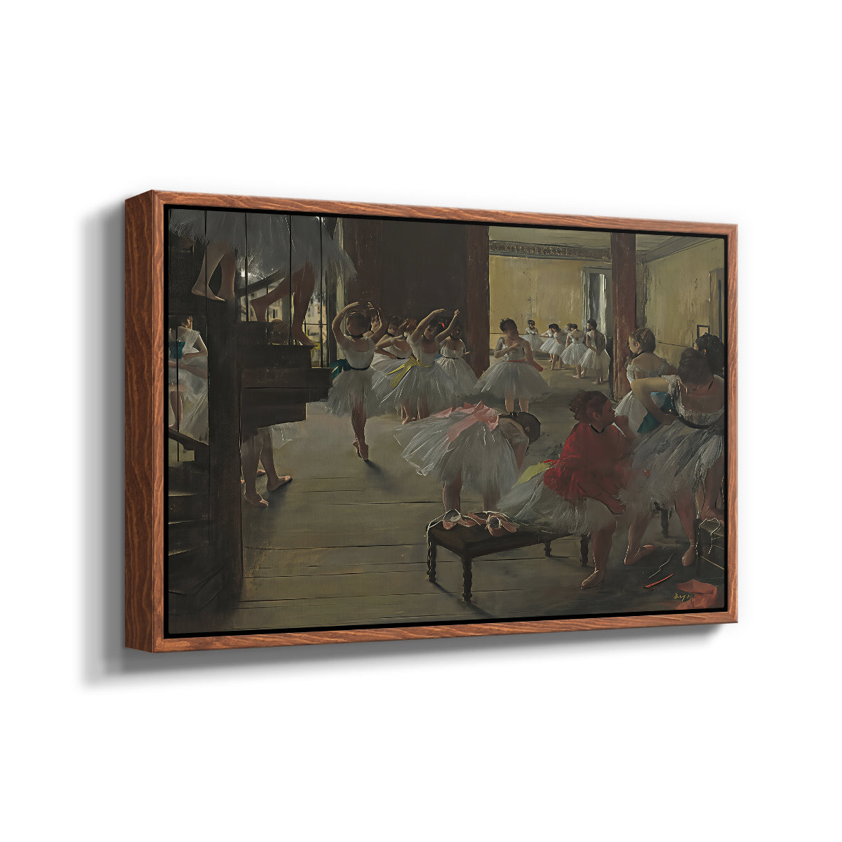 Angled view of The Dance Class, c. 1873 by Edgar Degas in a walnut floater framed canvas.