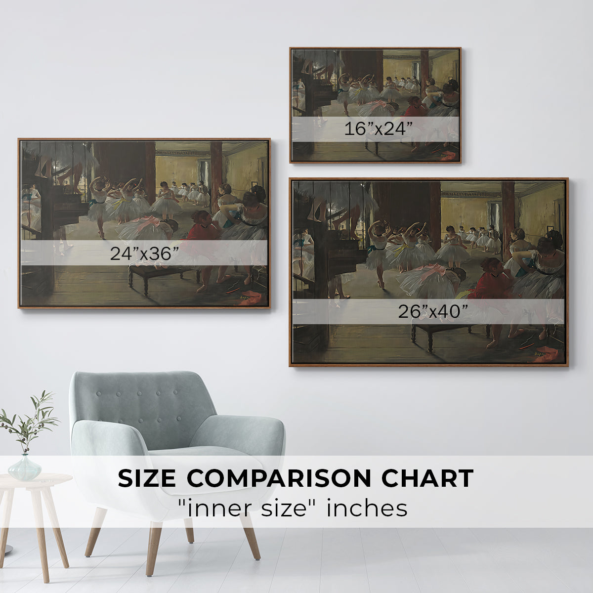 Size comparison chart for walnut floater framed canvas featuring The Dance Class, c. 1873 by Edgar Degas.