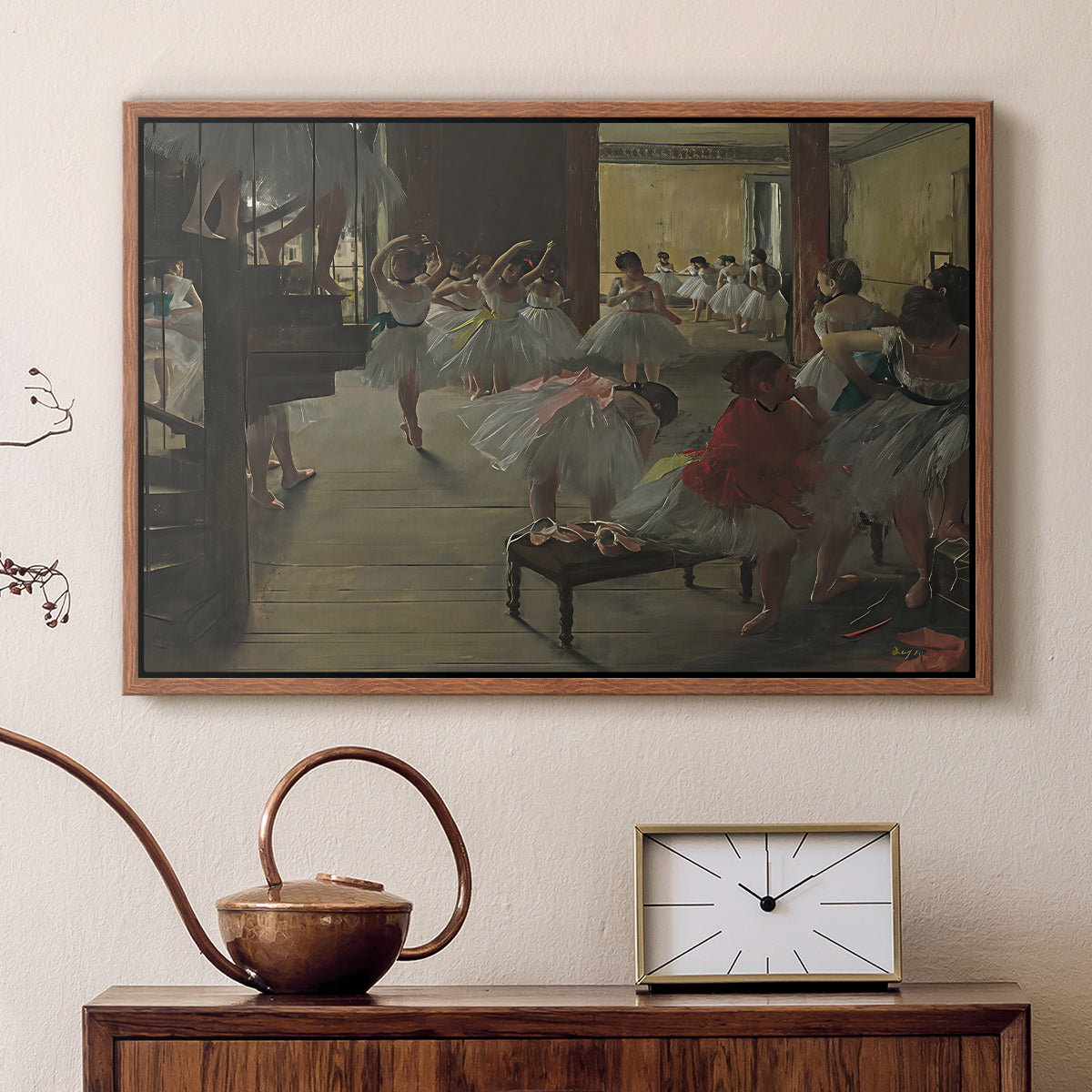 Walnut floater framed canvas featuring an impressionist studio interior filled with ballet students, displayed above a cabinet in a soft-toned living room.