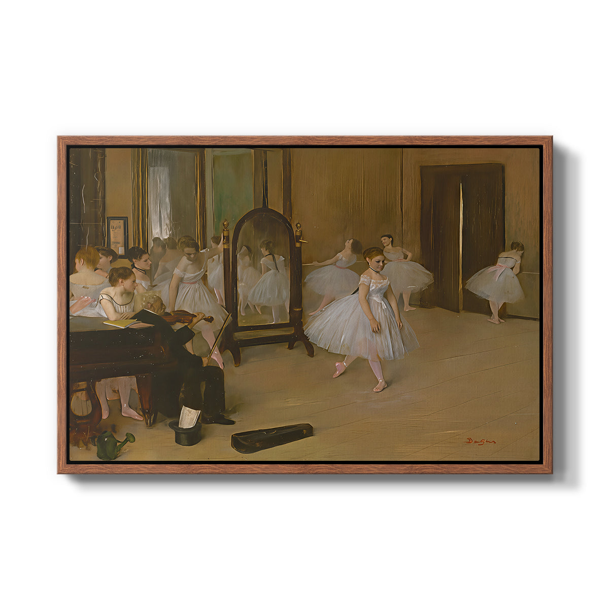 The Dancing Class, c. 1870 by Edgar Degas in a walnut floater framed canvas wall art display.