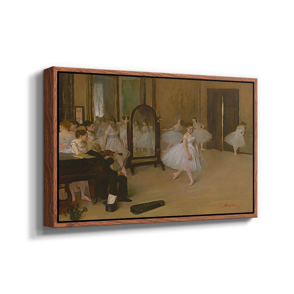 Angled view of The Dancing Class, c. 1870 by Edgar Degas in a walnut floater framed canvas.