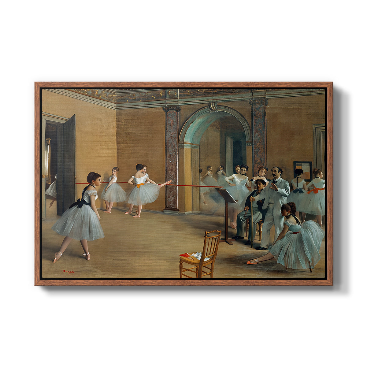 The Dance Foyer at the Opera on the Rue Le Peletier, 1872 by Edgar Degas in a walnut floater framed canvas wall art display.