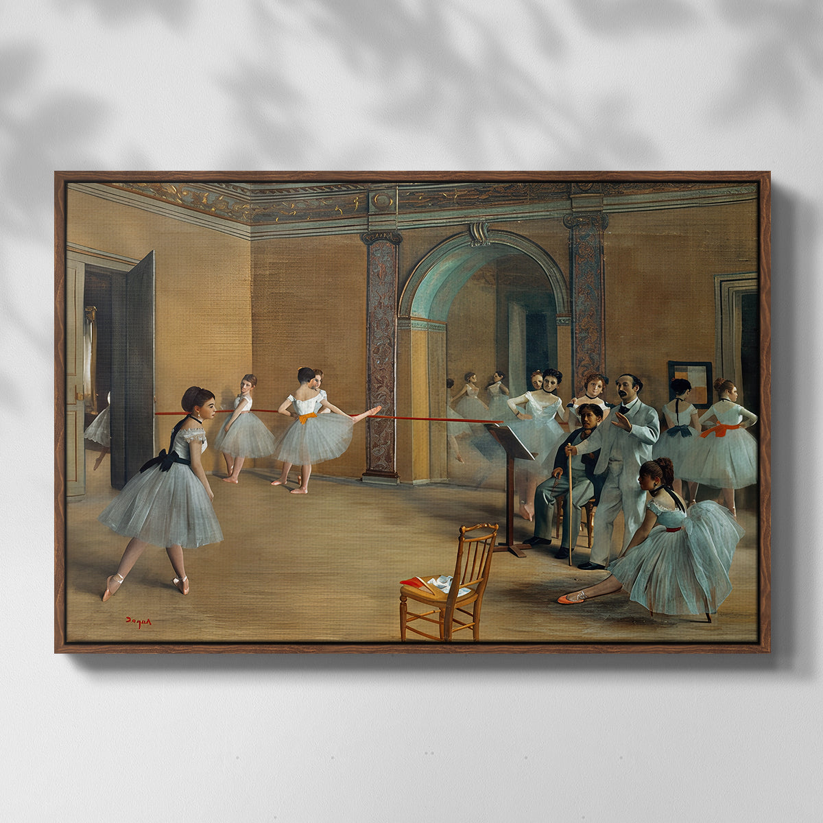 Front view of The Dance Foyer at the Opera on the Rue Le Peletier, 1872 by Edgar Degas in a walnut floater framed canvas.