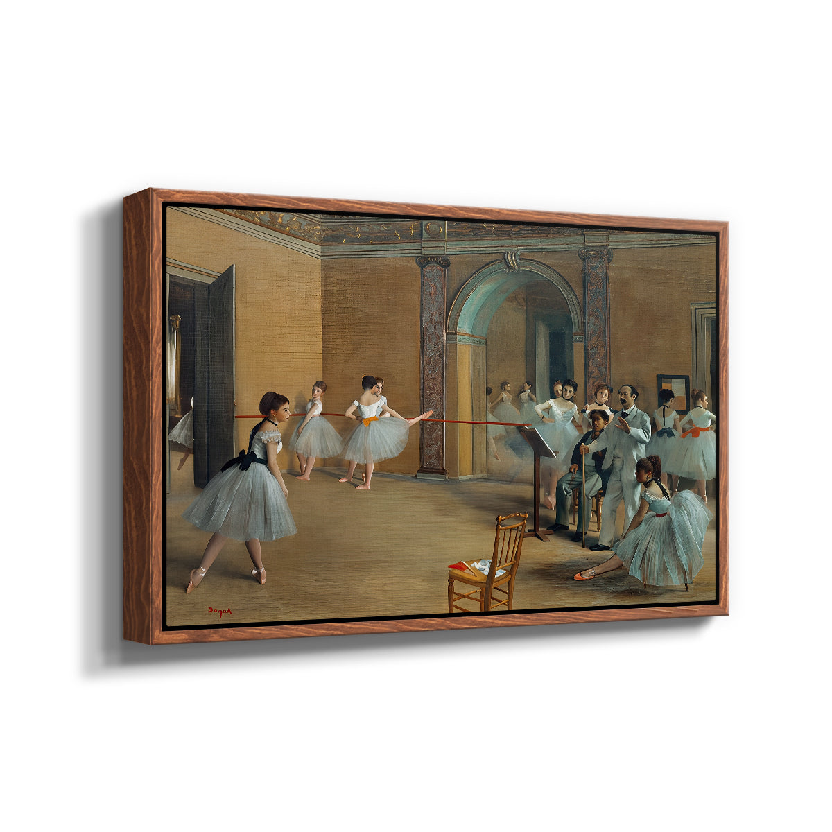 Angled view of The Dance Foyer at the Opera on the Rue Le Peletier, 1872 by Edgar Degas in a walnut floater framed canvas.
