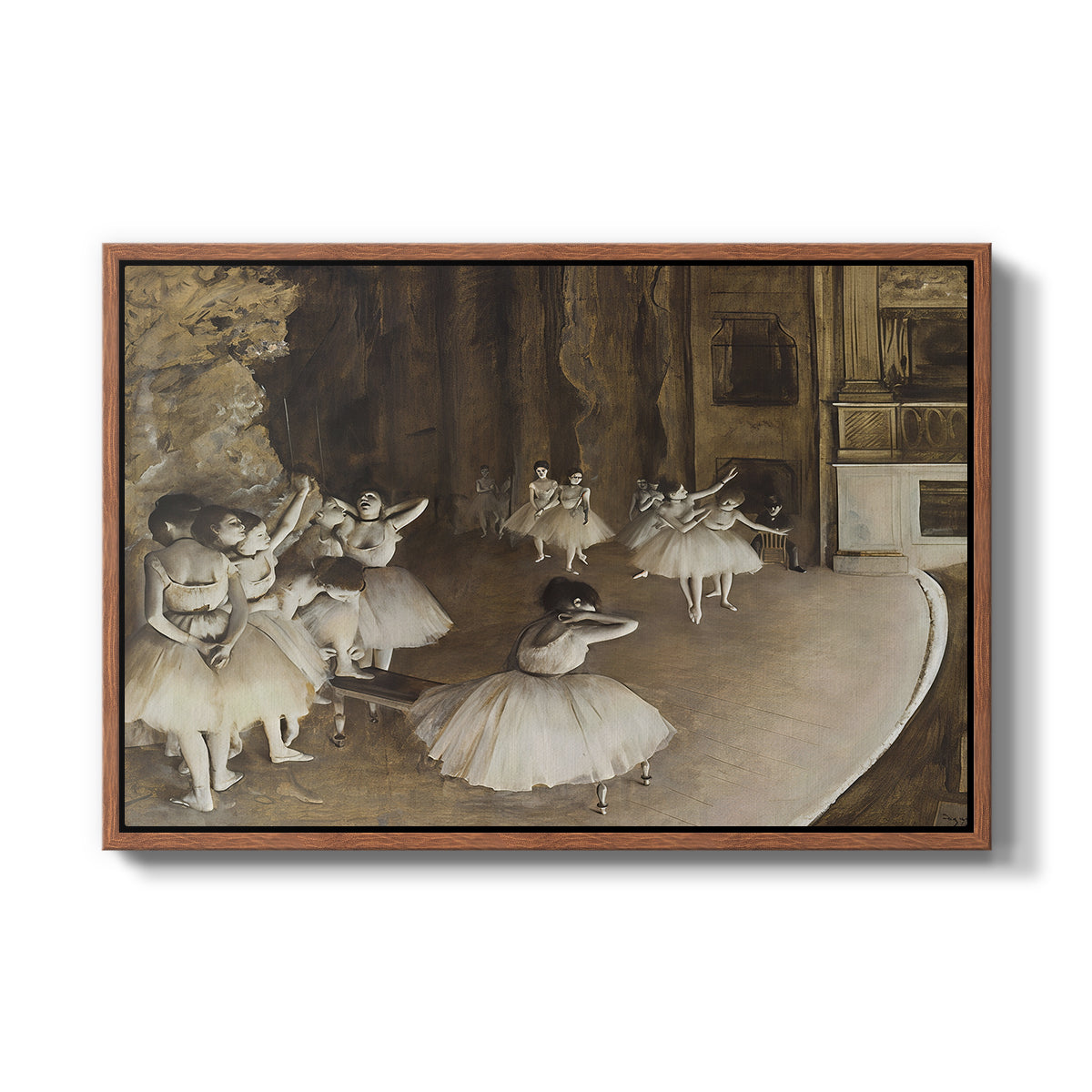 The Rehearsal of the Ballet Onstage, 1874 by Edgar Degas in a walnut floater framed canvas wall art display.