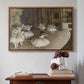 Walnut floater framed canvas featuring The Rehearsal of the Ballet Onstage, 1874 by Edgar Degas above an entryway table in a minimalist foyer.