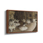 Angled view of The Rehearsal of the Ballet Onstage, 1874 by Edgar Degas in a walnut floater framed canvas.