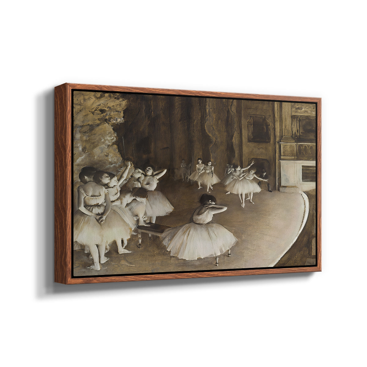 Angled view of The Rehearsal of the Ballet Onstage, 1874 by Edgar Degas in a walnut floater framed canvas.