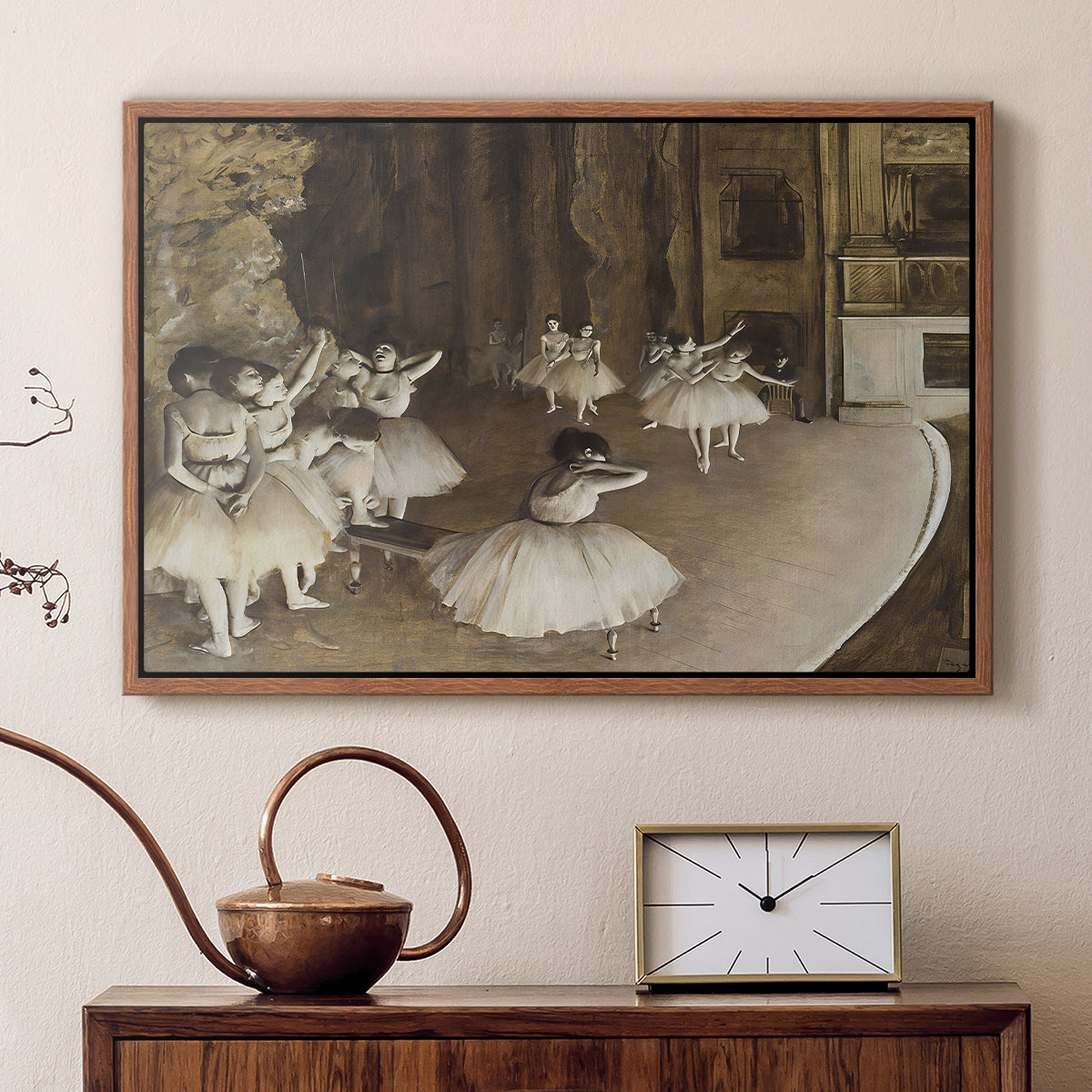 Walnut floater framed canvas featuring an impressionist depiction of ballet practice on theater stage, displayed above a cabinet in a soft-toned living room.